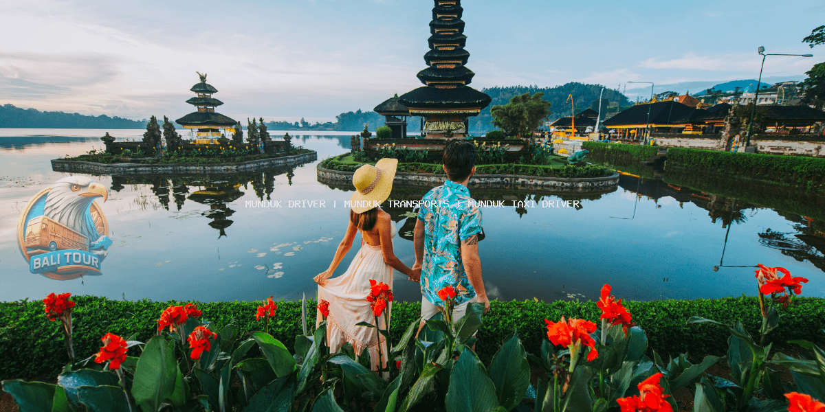 Travellers at Ulun Danu Beratan temple, a popular stop on the transfer to Munduk